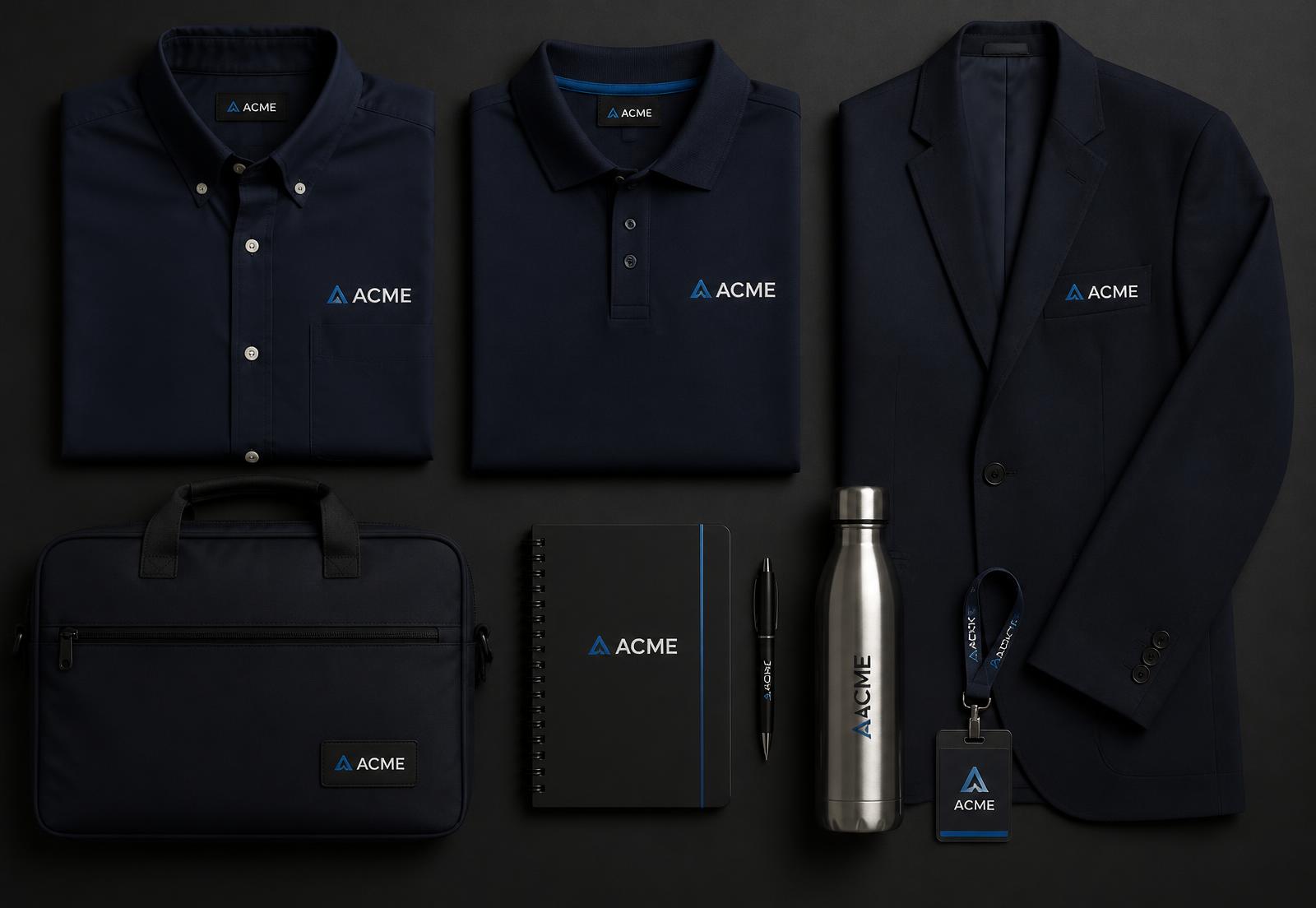Corporate uniforms, laptop bag, notebook, pen, bottle and ID card supplied as one branded corporate kit